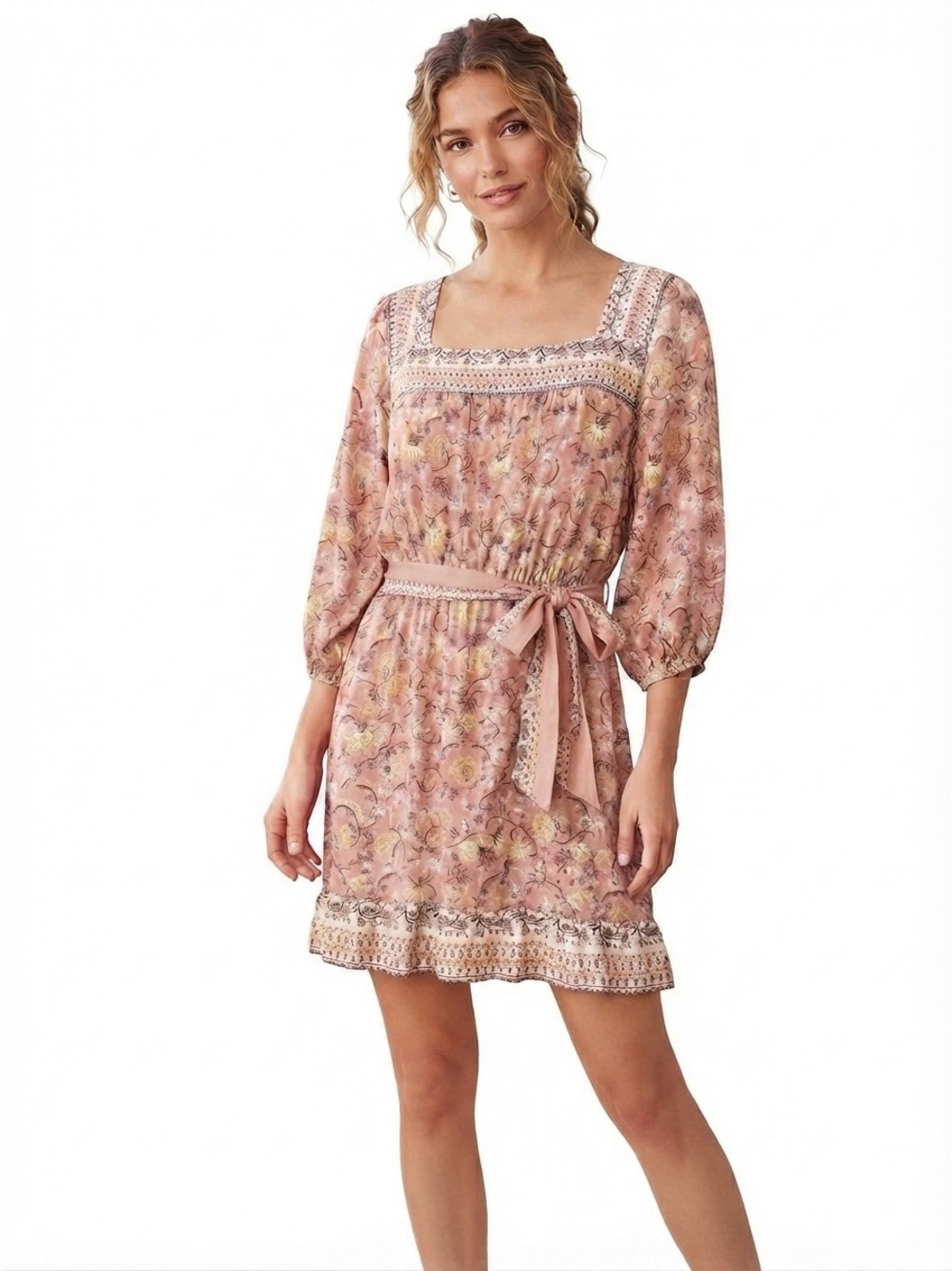 Luxology Pink Floral Boho Square-Neck Dress